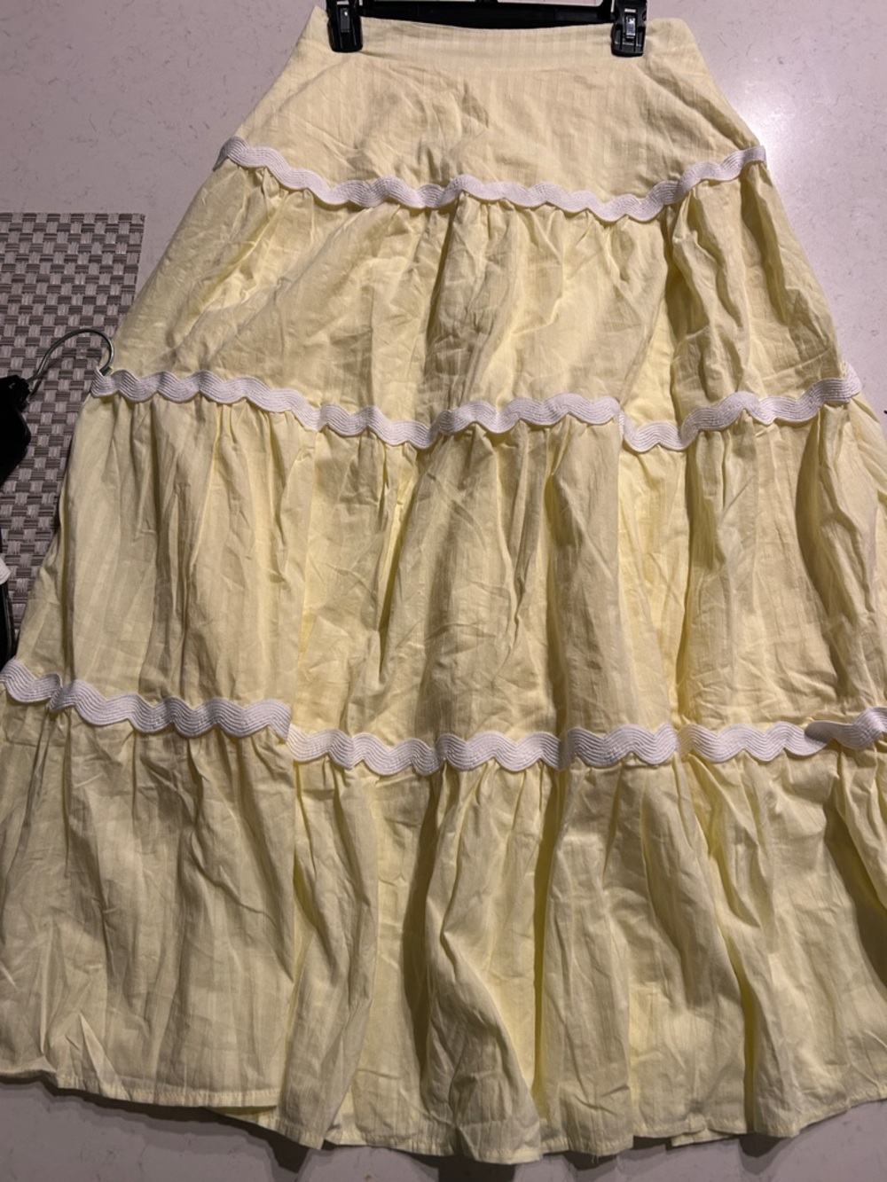 Yellow 2pcs Tiered Maxi Skirt with White Trim and matching Top - Picture 6 of 7